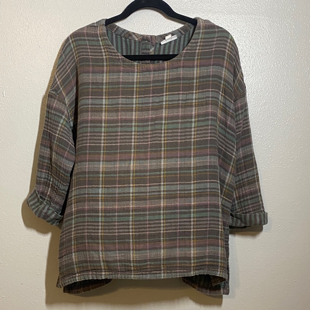 J. Jill Olive and Brown Plaid Roll-Sleeve Blouse